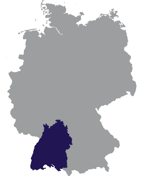Landkaart Duitsland grijs met deelstaat Baden-Württemberg donkerblauw op transparante achtergrond - 600 * 733 pixels
